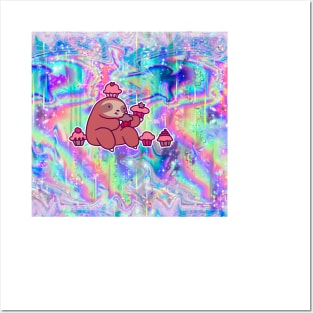 Sloth Eating Cupcakes Rainbow Holographic Posters and Art